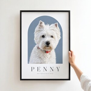 May include: A framed wall art print featuring a portrait of a white West Highland White Terrier dog with a red collar. The dog is centered within a blue arch shape on a white background. The name PENNY is printed in black below the dog image.