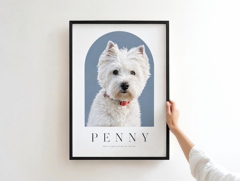 May include: A framed wall art print featuring a portrait of a white West Highland White Terrier dog with a red collar. The dog is centered within a blue arch shape on a white background. The name PENNY is printed in black below the dog image.