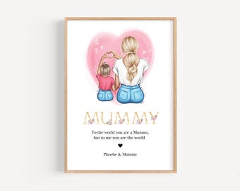 May include: A printable art print with an illustration of two women, a mother and daughter, with the word "MUMMY" in gold letters and the text "To the world you are a Mummy, but to me you are the world" and "Phoebe & Mummy".