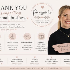 May include: A business information card featuring the text THANK YOU for supporting my small business, Pennyprintsx, and Made with love. Penny. The card includes icons for digital and physical prints, customer service details, and a smiling person.