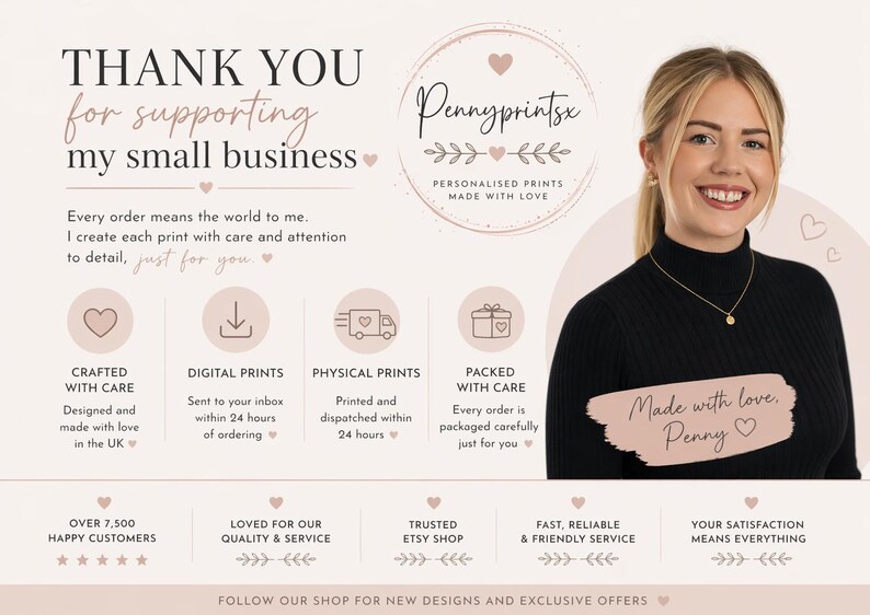 May include: A business information card featuring the text THANK YOU for supporting my small business, Pennyprintsx, and Made with love. Penny. The card includes icons for digital and physical prints, customer service details, and a smiling person.