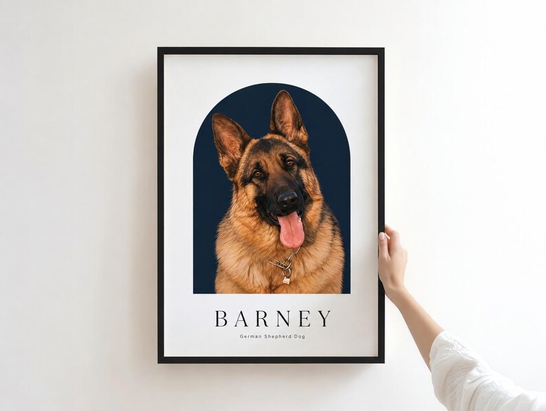 May include: A framed portrait print featuring a German Shepherd dog with a black and tan coat, tongue out, set against a dark blue arch background. The text BARNEY and German Shepherd Dog is printed in black below the dog portrait.