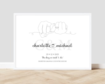 May include: A black and white line drawing of two hands holding each other with rings on their fingers. The text "charlotte & michael" is below the drawing, followed by the date "29 12 2023" and the text "the day we said 'i do'". The text "HORTON GRANGE COUNTRY HOUSE" is at the bottom of the image.