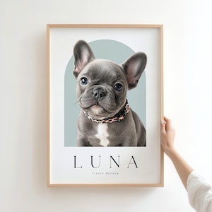 May include: A framed wall art print featuring a portrait of a gray French Bulldog puppy wearing a leopard print collar. The dog is centered against a sage green arch shape. Below the dog, the text reads LUNA and French Bulldog in black font.