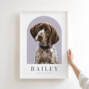 May include: A framed portrait print featuring a brown and white German Shorthaired Pointer dog with a blue collar and silver tag. The dog is centered within a light purple arch. The name BAILEY is printed in black below the arch.