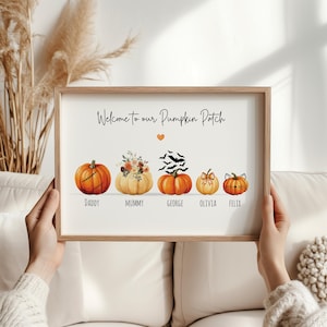 Personalised family pumpkin print, halloween print, Family Pumpkin Patch Print, Halloween Decor, Autumn seasonal decor, Watercolour Pumpkins