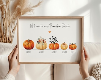 Personalised family pumpkin print, halloween print, Family Pumpkin Patch Print, Halloween Decor, Autumn seasonal decor, Watercolour Pumpkins