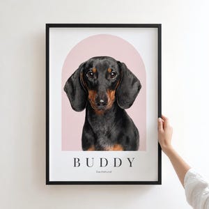 May include: A framed wall art print featuring a digital illustration of a black and tan dachshund dog centered within a soft pink arch. The name BUDDY is printed in black capital letters below the dog, followed by the word Dachshund.