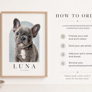 May include: A framed portrait of a grey French Bulldog with a white chest patch wearing a leopard print collar, set against a blue arch. The text reads LUNA, French Bulldog, and HOW TO ORDER with four numbered steps for custom pet portraits.