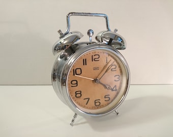 Vintage Serkisof Mechanical Alarm Clock, Green Metal Twin Bell