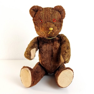 Vintage Jointed Teddy Bear, Dark Brown, Red Glass Eyes, 1950s Hungary, Europe