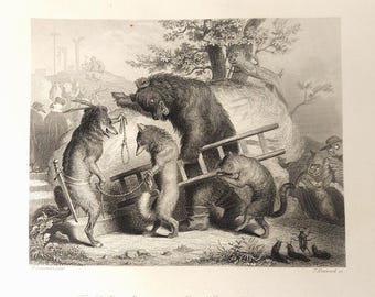 Ilustración antigua grabada de Reynard el zorro, cuento de animales, Alemania del siglo XIX