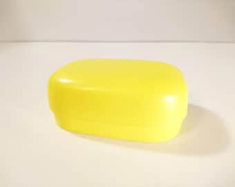 Vintage Space Age Soap Holder Box With Hedgehog Logo Yellow Plastic 1970s