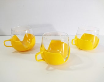 Vintage Space Age Tea Cups Set of 3 Plastic And Glass Yellow 1970s Netherlands