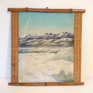 Vintage Japans gesigneerd landschapsschilderij, canvas op houten bord, bamboelijst