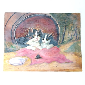 Vintage Painting of Cats Naive Art