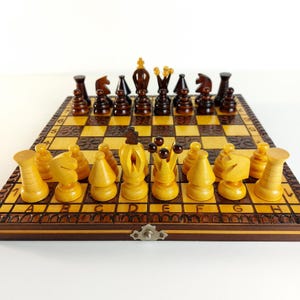 Wooden chess set with foldable storage board, Ambassador style Poland small size