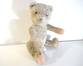 Vintage Teddy Bear Stuffed Animal, Jointed, Red Eye, White Fur, Hungary 1950s