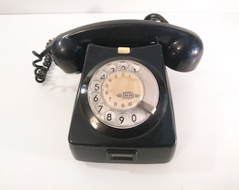 Vintage Rotary Dial Telephone, Retro Phone, Black, 1980s Hungary