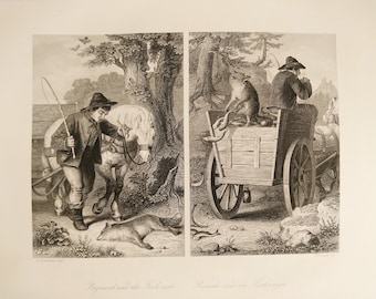 Ilustración de grabado antiguo del siglo XIX de Reynard el zorro - Alemania 1878