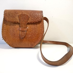 Vintage Retro Ungarische Leathercraft Handtasche, Handgemachte Florale Volkskunst Ledertasche Geldbörse Reticule 60er - 70er Jahre