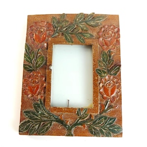 Vintage Folk Art Picture Frame W/ Hand Carved Flowers Early 20th Century