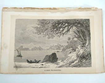 Antique Illustration Art, Bay in Rio De Janeiro, 19th Century Copper Engraving