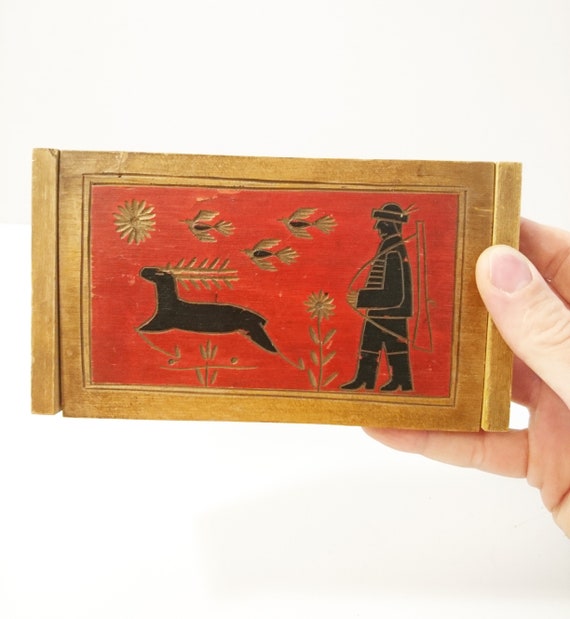 Vintage Hand Carved Wooden Trinket Box Hunter & D… - image 1