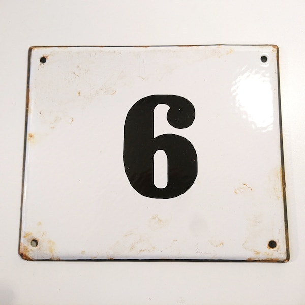 Numéro de maison 6, plaque d'adresse vintage en métal émaillé rétro, numéro six