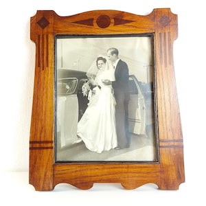 Vintage Wooden Art Deco Picture Frame W/ Wedding Photo, Glassed, 1940s