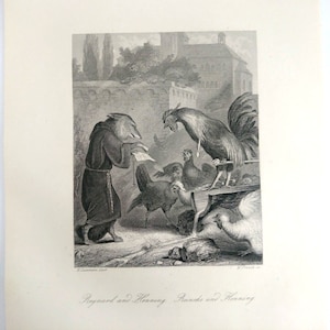 Antique Engraving Illustration of Reynard the Fox, Roosterr 19th Century Germany