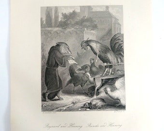 Ilustración de grabado antiguo de Reynard el Zorro, Roosterr Alemania del siglo XIX