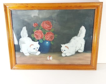 Vintage Painting White Cat Playing Naive Art