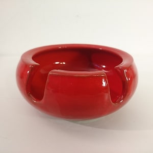 1960s Vintage Red Handmade Ceramic Ashtray Mid Centruy Art Deco Signed by Artist