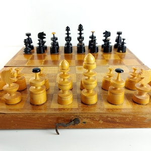 Vintage Wooden Chess Set W/ Foldable Board, Made in Poland 1970s - PLEASE READ Description!