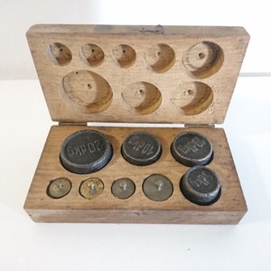 Antique Scale Weight Set 1930s Hungary, 5, 10, 20, 50, 100, 200 grams