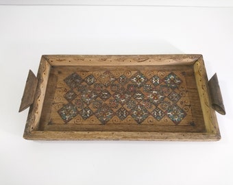 Vintage Wooden Serving Tray With Folk Art Ornaments