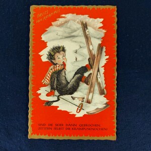 Carte postale de voeux de Noël, accident de ski, crampe pour enfant, Autriche des années 1920