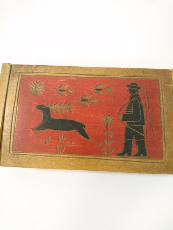 Vintage Hand Carved Wooden Trinket Box Hunter & D… - image 5