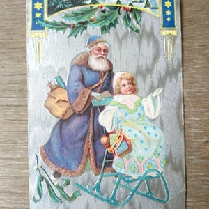 Babbo Natale con mantello blu, antica cartolina di Natale vittoriana, Germania del XIX secolo