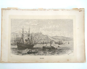 Antique Illustration Art About Quebec Harbor, Copper Engraving, 19th Century - Small Size! 8.7" x 5.5"