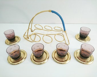 Vitnage Retro Shot Glass Set of 6 Holder And Serving Trays Polka Dots 1970s