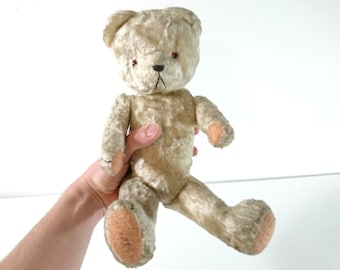 Vintage Jointed Teddy Bear, Wood Wool Stuffed, 1960s Hungary