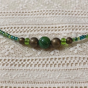 Malachite Beaded Necklace - Handmade Bronze Jewelry - Earthy Seed Beads