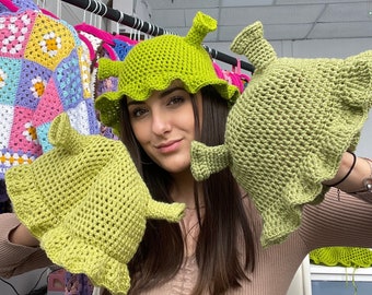 Crochet Shrek Hat | Green Crochet Bucket Hat Shrek Fancy Dress Fiona Fancy Dress Funny Shrek Hat Cute Shrek Gift