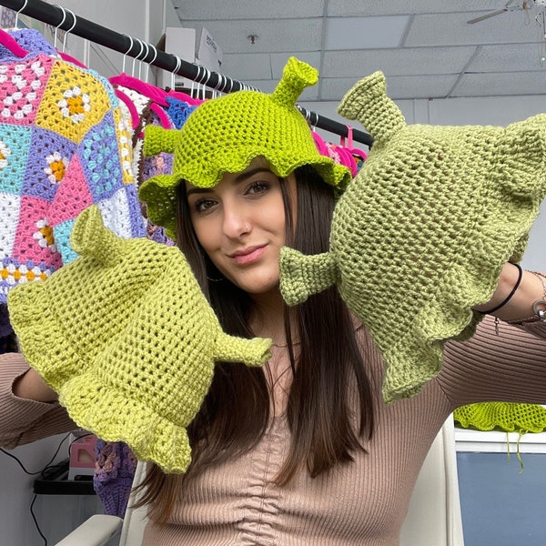 Crochet Shrek Hat | Green Crochet Bucket Hat Shrek Fancy Dress Fiona Fancy Dress Funny Shrek Hat Cute Shrek Gift
