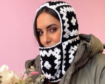 Crochet Balaclava | Handmade Crochet Hat, Winter Ski Mask, Knit Balaclava, Black and White Balaclava Hoodie, Granny Square Crochet Hat