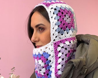 Crochet Balaclava | Handmade Crochet Hat, Winter Ski Mask, Knit Balaclava, Purple Colourful Balaclava Hoodie, Granny Square Crochet Hat