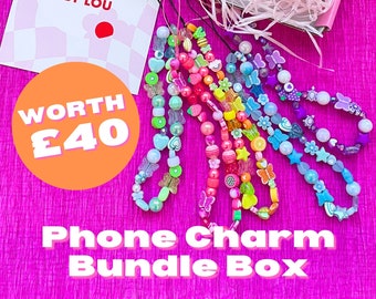 Handmade Phone Charm Bundle Box - Bundle of 5 Colourful Handmade Beaded Phone Charms, Matching Accessories, Best Friends Xmas Gift For Her