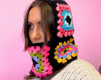 Crochet Balaclava | Handmade Crochet Hat, Winter Ski Mask, Knit Balaclava, Black Rainbow Multicoloured Balaclava, Colourful Crochet Hat